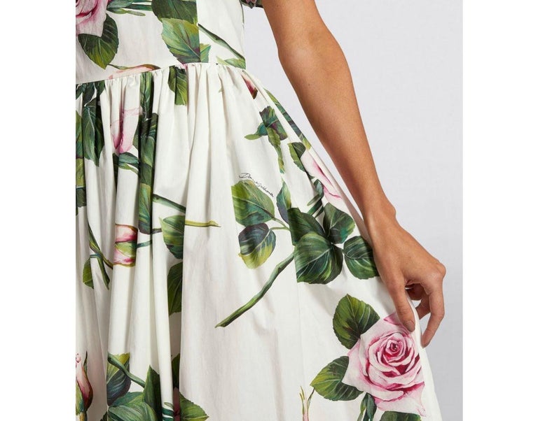 Dolce and Gabbana White Pink Cotton Tropical Rose Off-The