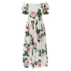 Dolce & Gabbana White Pink Cotton Tropical Rose Off-The-Shoulder Poplin Dress