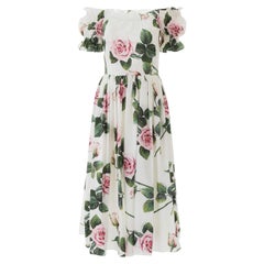 Dolce & Gabbana Weißes rosafarbenes schulterfreies Poplin-Kleid aus Baumwolle in Tropical Rose