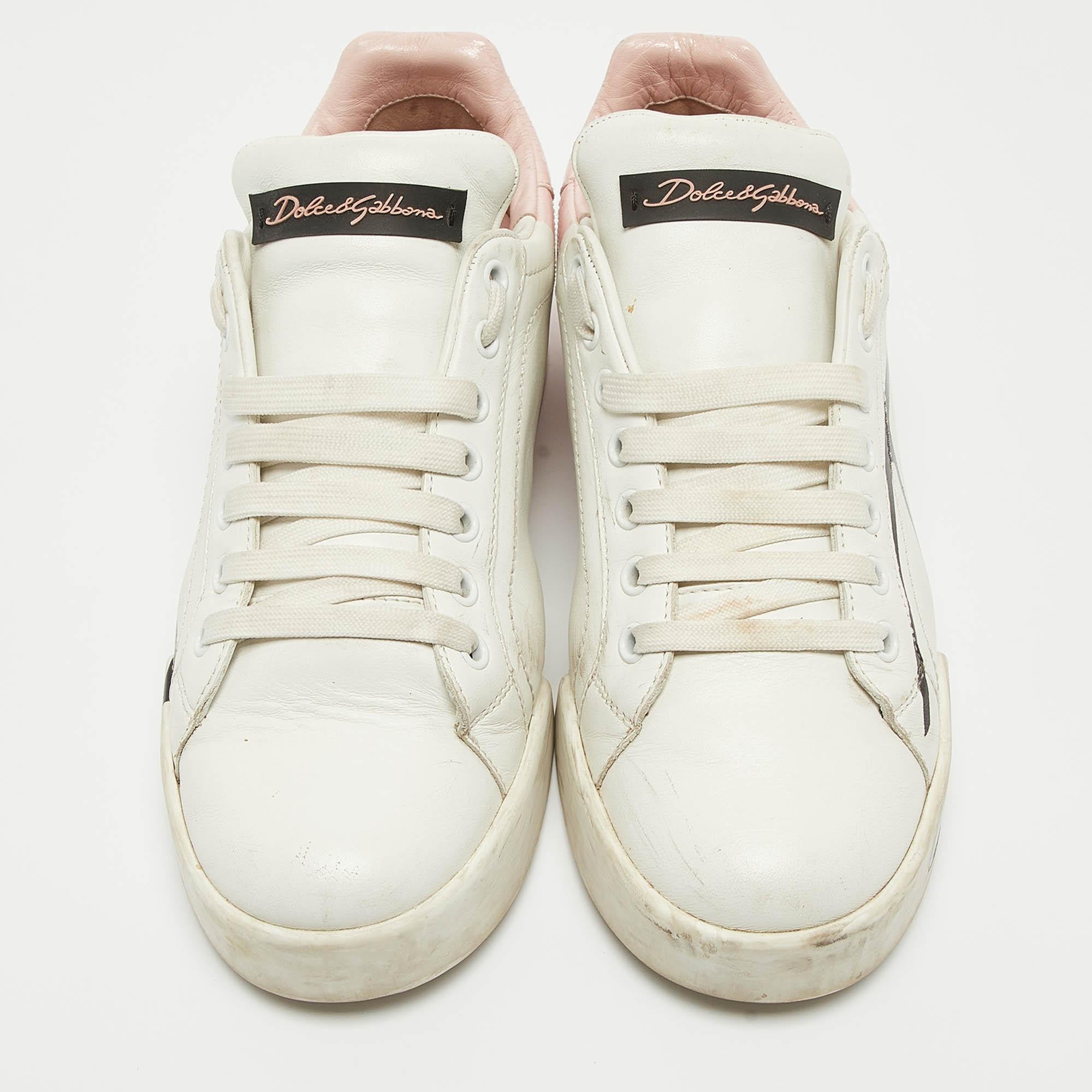 Beige Dolce & Gabbana White/Pink Leather and Patent Portofino Sneakers Size 38