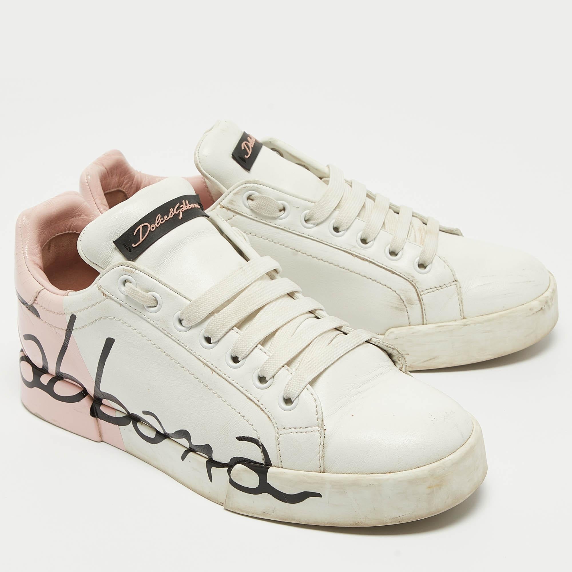 Dolce & Gabbana White/Pink Leather and Patent Portofino Sneakers Size 38 In Fair Condition In Dubai, Al Qouz 2