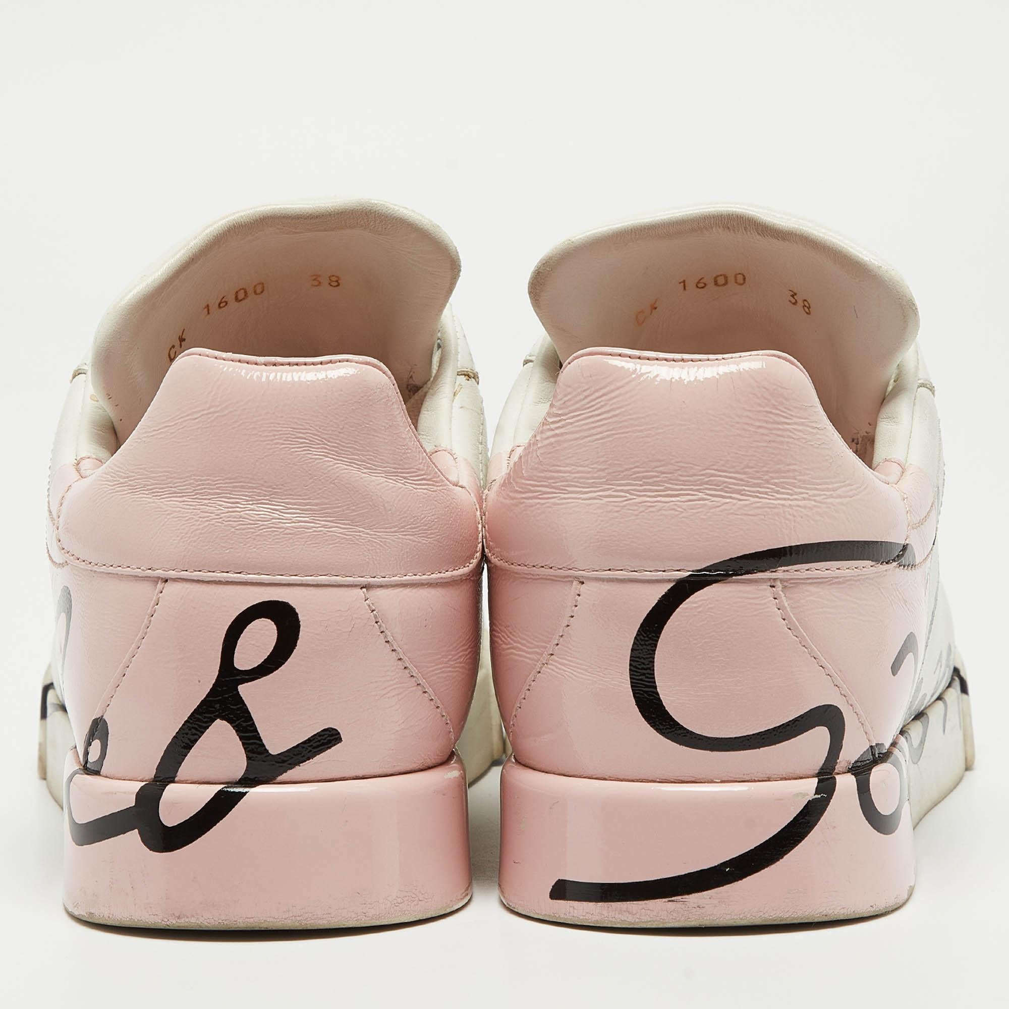Women's Dolce & Gabbana White/Pink Leather and Patent Portofino Sneakers Size 38
