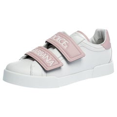Dolce & Gabbana White/Pink Leather Logo Velcro Straps Sneakers Size 40.5