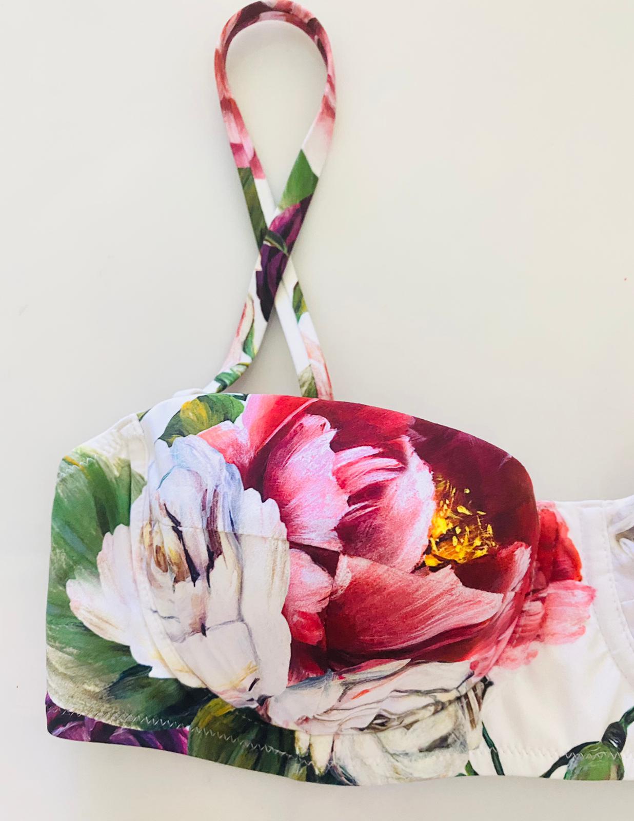 Dolce & Gabbana White Pink Peony Rose Swimsuit Swimwear Bikini Balconette Bra In New Condition In WELWYN, GB
