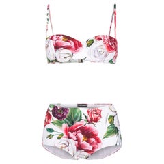 Dolce & Gabbana White Pink Peony Rose Swimsuit Swimwear Bikini Balconette Bra