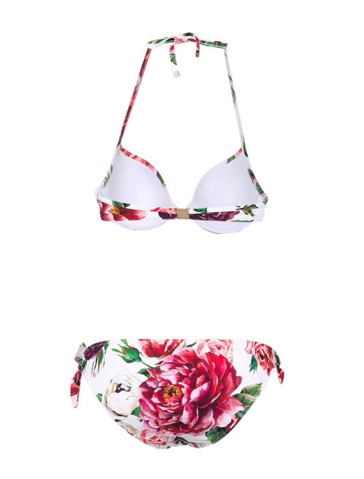 Dolce & Gabbana beachwear bikini set in PEONY brightly-colored print is the absolute star of this bikini that features a padded triangle bikini top with ties and thong bikini bottoms with adjustable bows in fine luxury fabric: 
Adjustable triangle