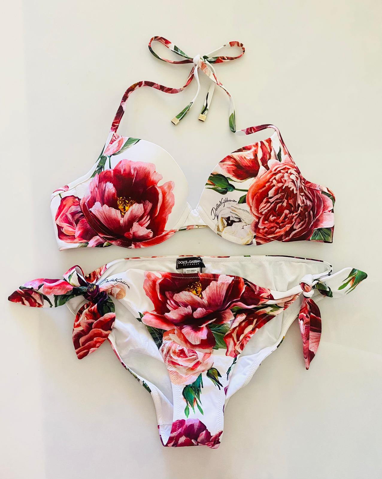 Dolce & Gabbana White Pink Peony Rose Swimsuit Swimwear Bikini Bows Strings DG In New Condition For Sale In WELWYN, GB