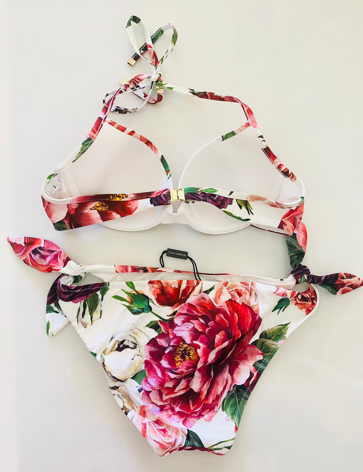 Women's Dolce & Gabbana White Pink Peony Rose Swimsuit Swimwear Bikini Bows Strings DG For Sale