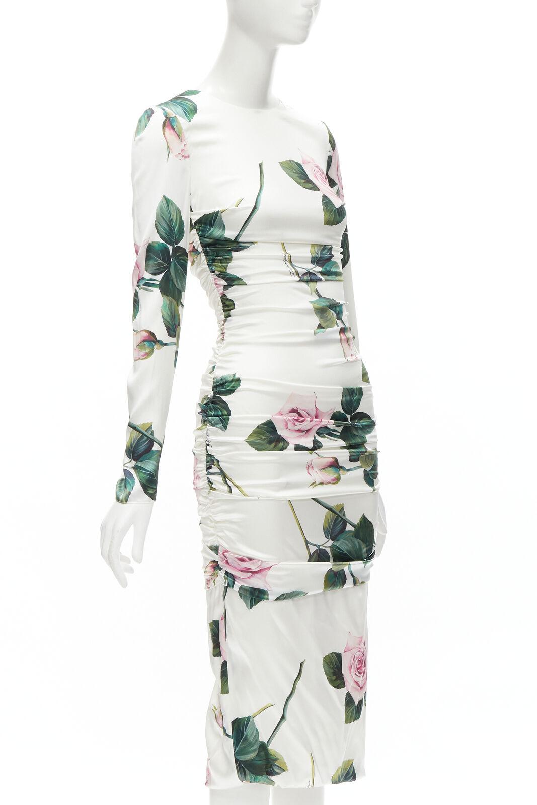 DOLCE GABBANA white pink rose leaf print ruched draped midi dress IT38 XS In Excellent Condition In Hong Kong, NT