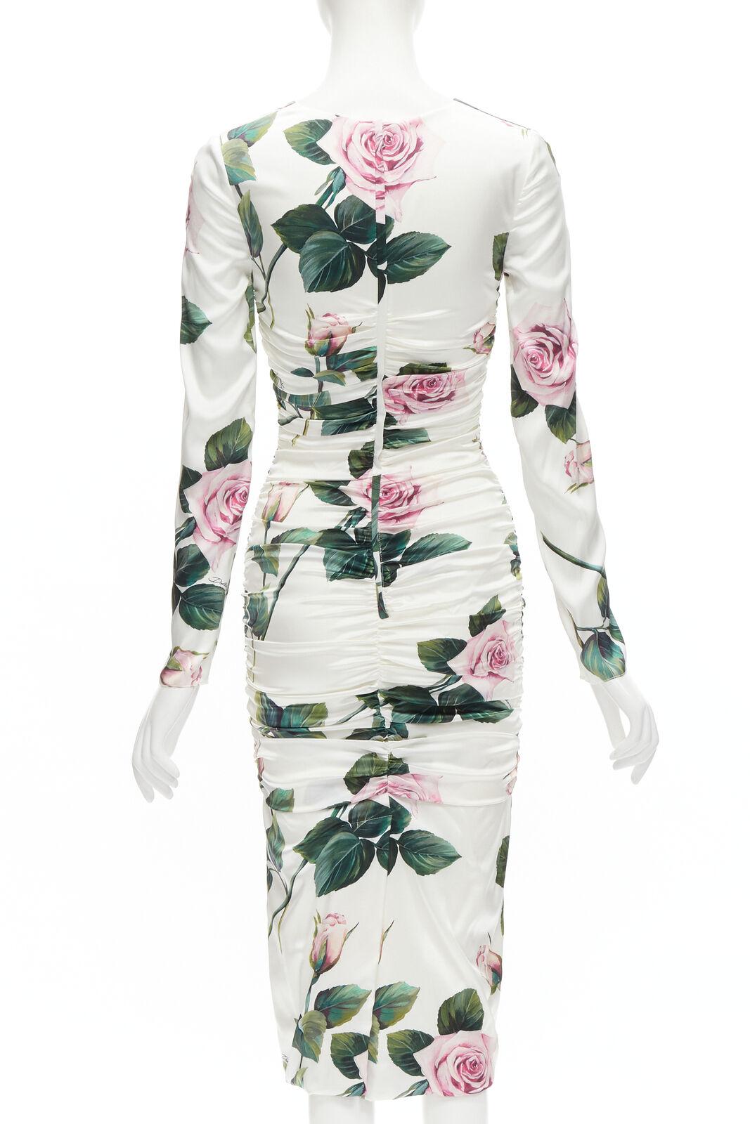 DOLCE GABBANA white pink rose leaf print ruched draped midi dress IT38 XS 1