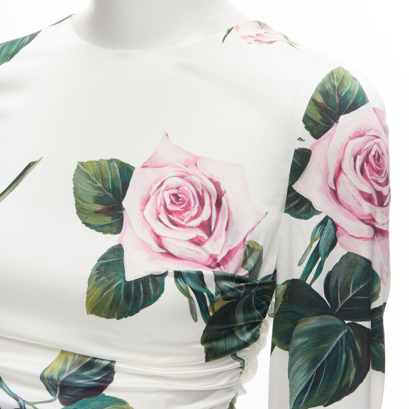 DOLCE GABBANA white pink rose leaf print ruched draped midi dress IT38 XS 3