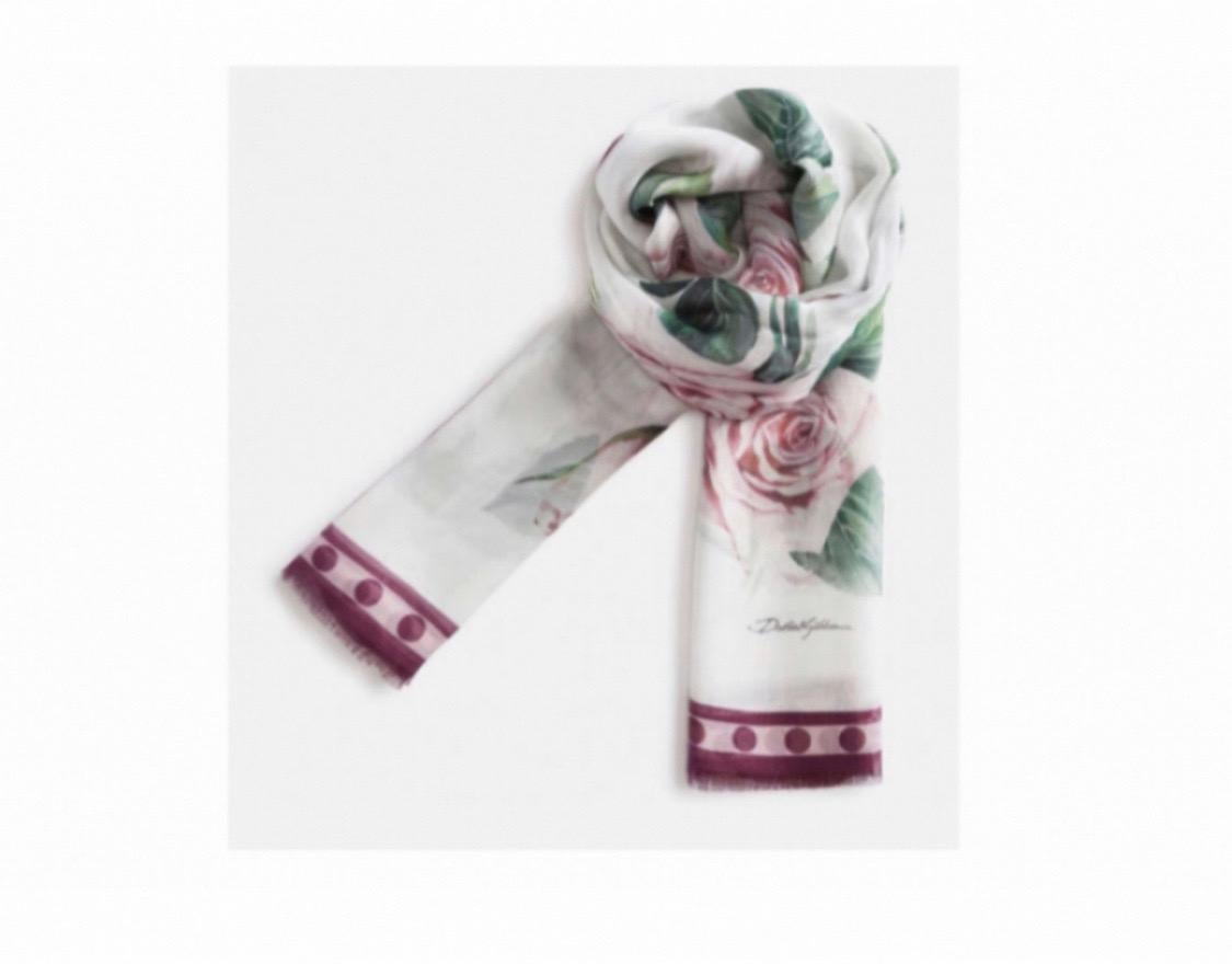 Dolce & Gabbana White Pink Silk Floral Tropical Rose Scarf Wrap Pareo Cover Up In New Condition For Sale In WELWYN, GB