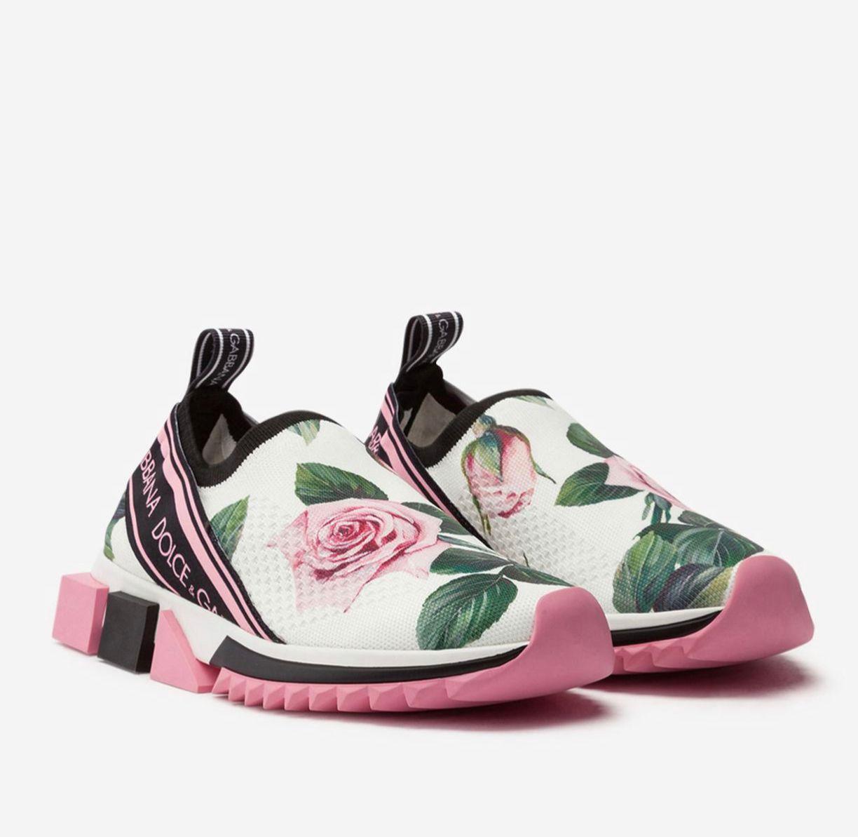 Dolce & Gabbana Tropical Rose stretch knit sock sneakers with roses print all-over. Elastic band with logo on the back, jacquard tab, fabric lining, removable leather insole, rubber sole with contrast inserts. 
Composition:
75% polyester 10%