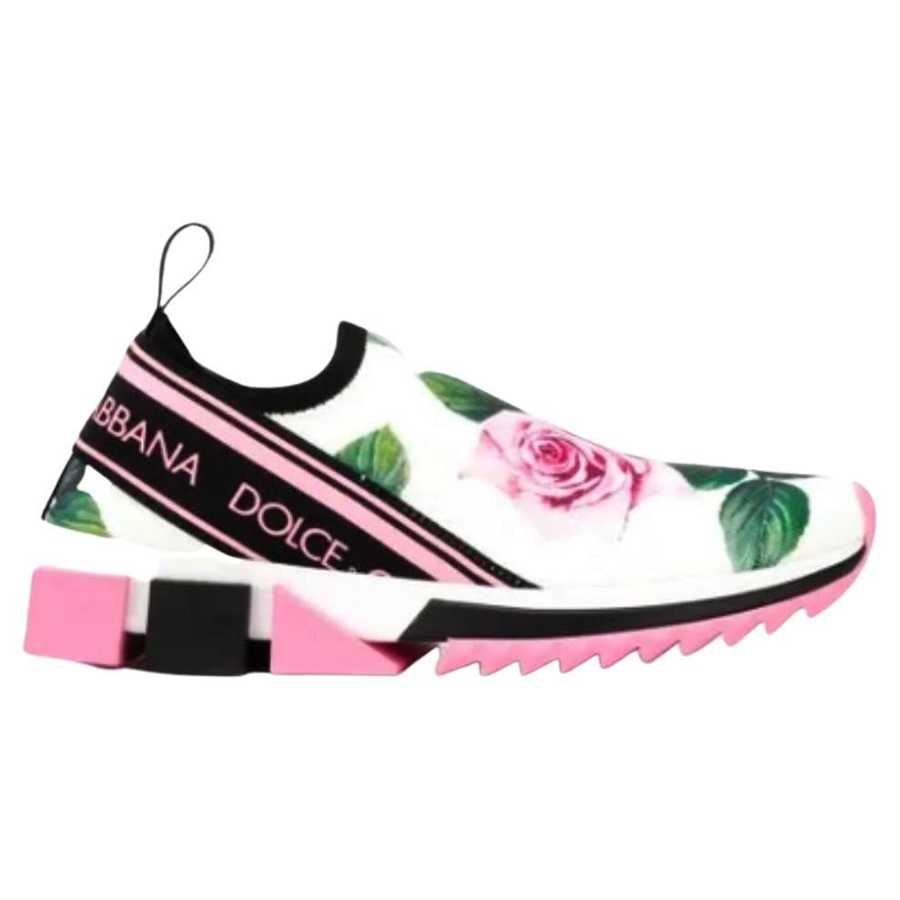 Dolce & Gabbana White Pink Tropical Rose Stretch Knit Sock Sneakers Trainers For Sale