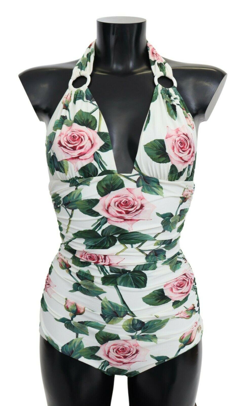 Gray Dolce & Gabbana White Pink Tropical Roses One Piece Swimsuit Bikini Swimwear