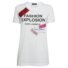 Dolce 
Gabbana Weißes T-Shirt mit Rundhalsausschnitt und Baumwollaufnäher mit Details S