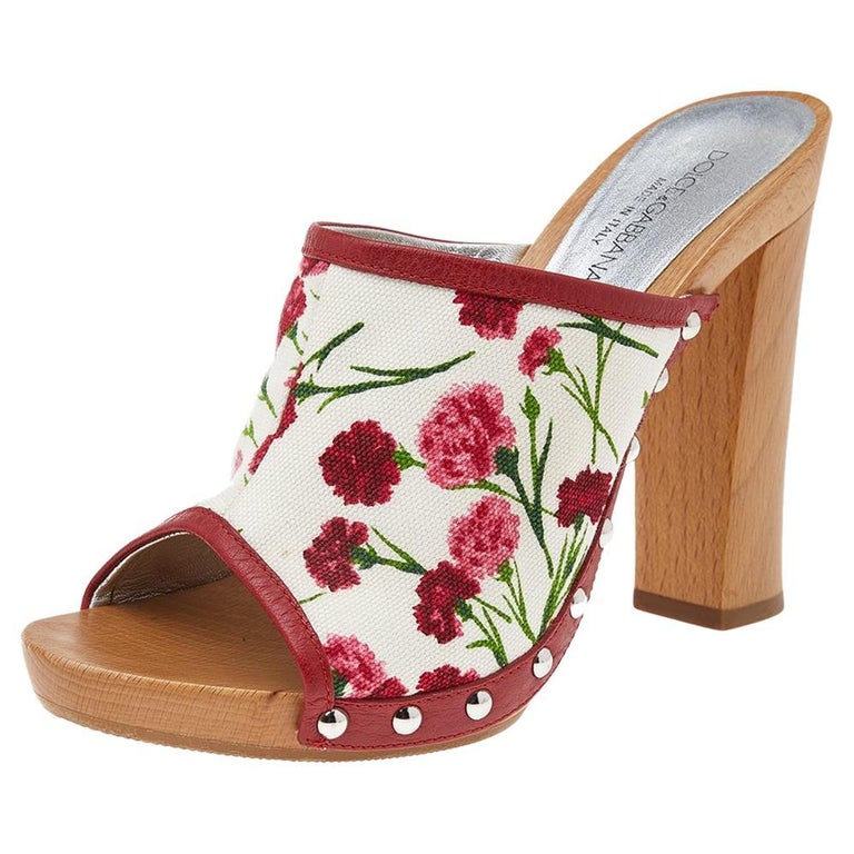 Dolce and Gabbana White/Red Floral Print Canvas And Leather Clogs Sandals  Size 37 For Sale at 1stDibs