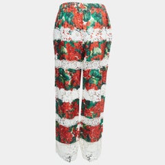 Dolce & Gabbana White/Red Floral Print Lace Trim Silk Twill Trousers L