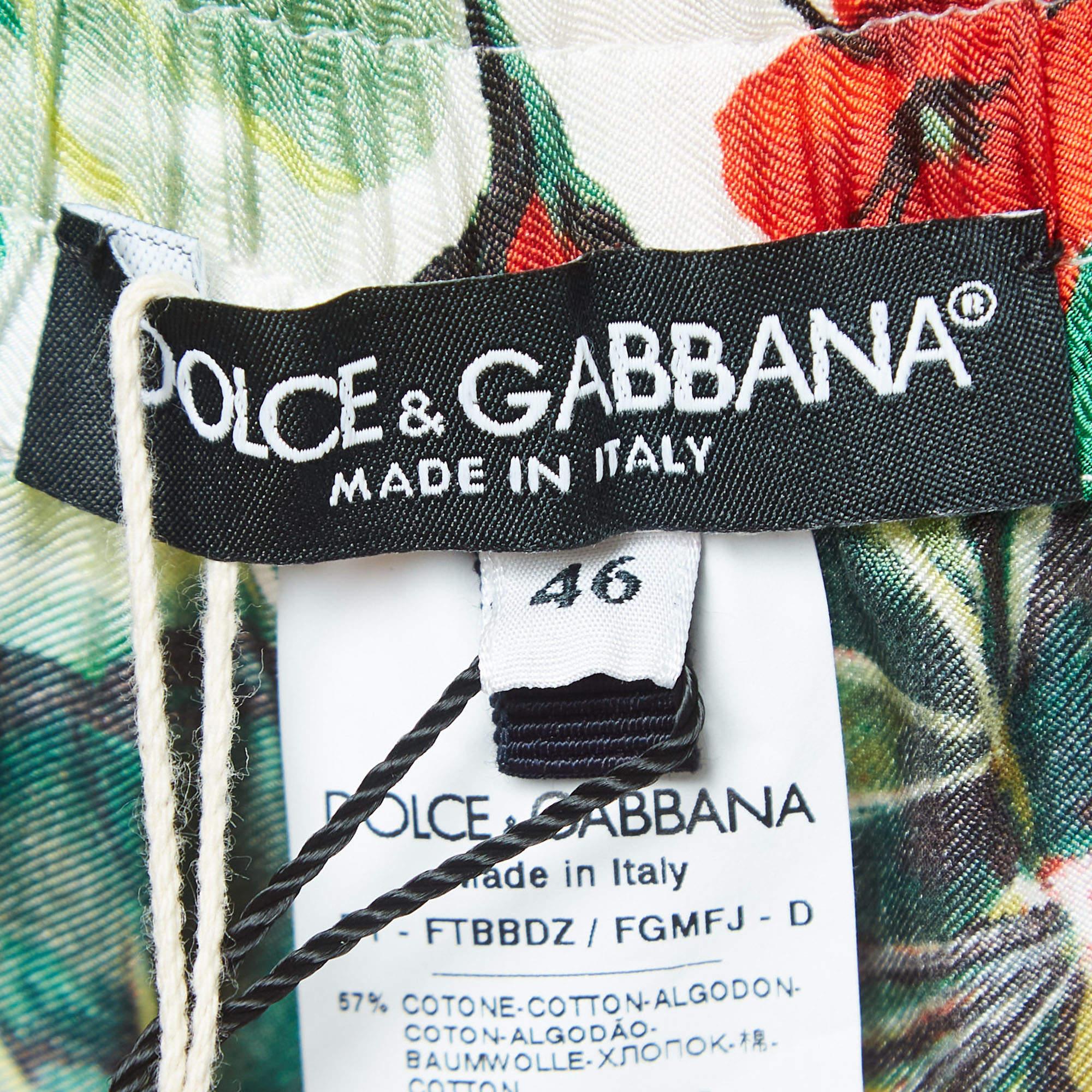Women's Dolce & Gabbana White/Red Floral Print Lace Trim Silk Twill Trousers L