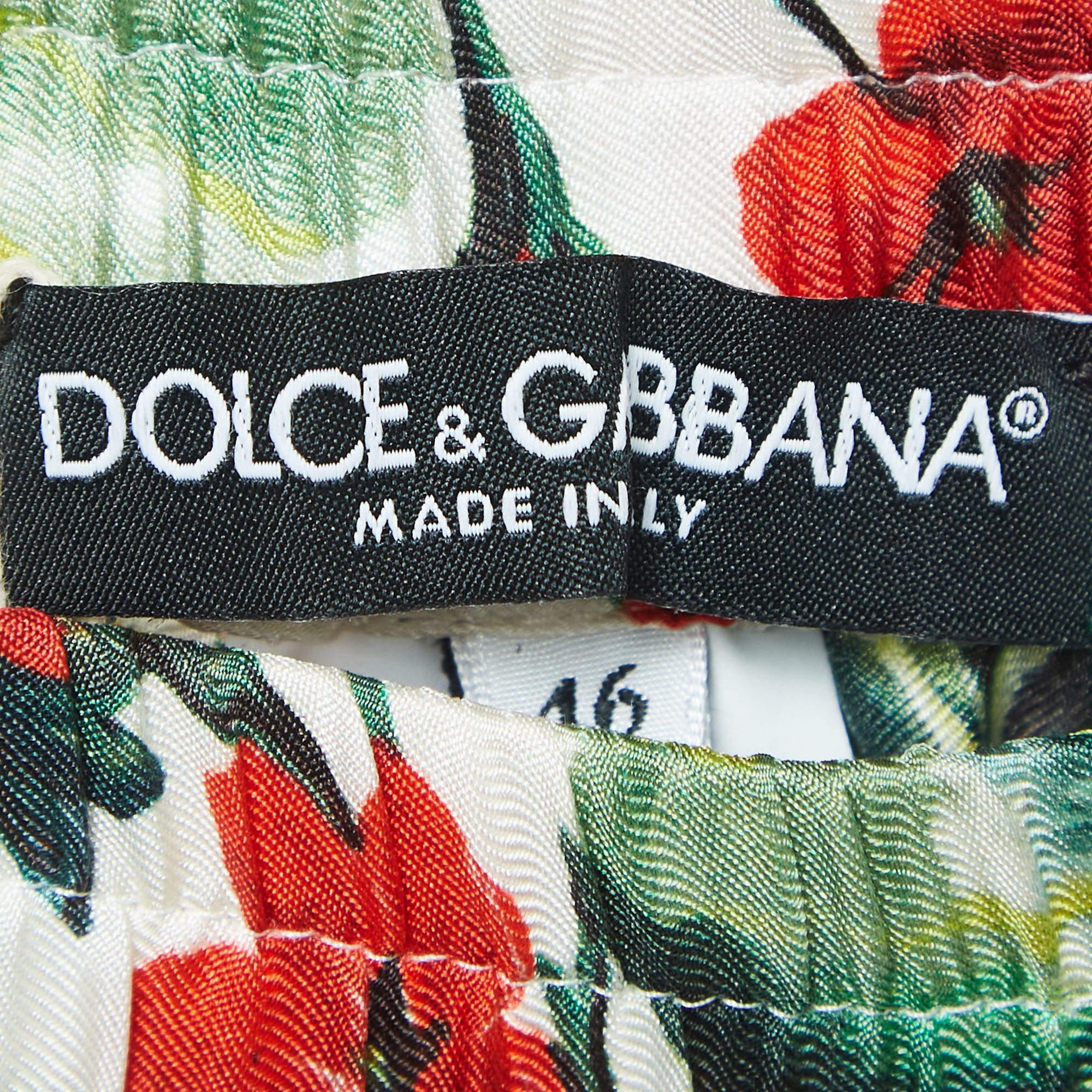 Dolce & Gabbana White/Red Floral Print Lace Trim Silk Twill Trousers L 2