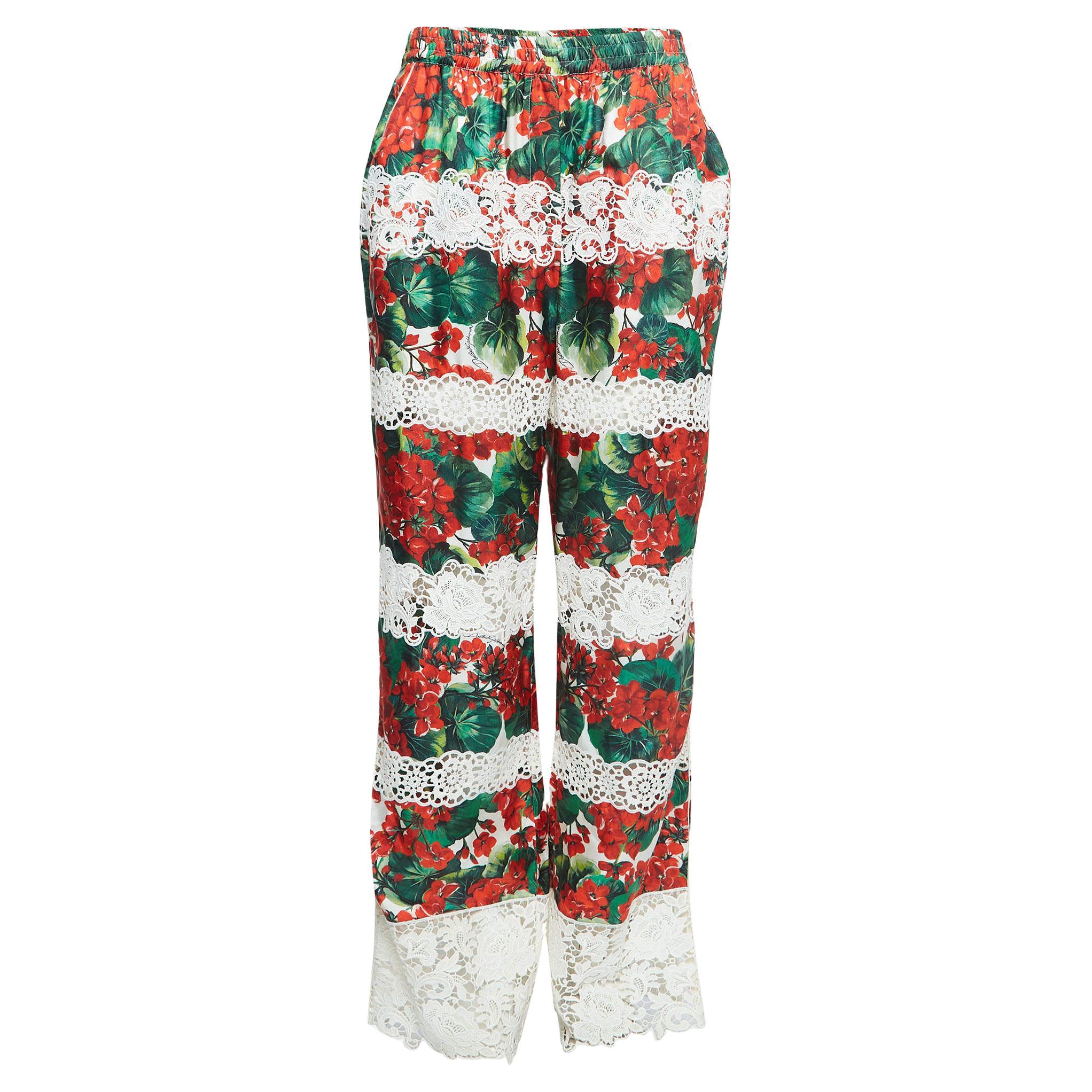 Dolce & Gabbana White/Red Floral Print Lace Trim Silk Twill Trousers L
