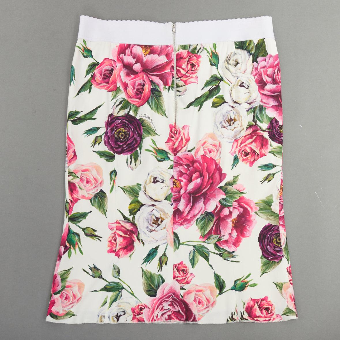 DOLCE GABBANA white red floral print silk lined elastic knee skirt IT48 XXL In condizioni discrete in vendita a Hong Kong, NT