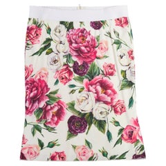 DOLCE GABBANA white red floral print silk lined elastic knee skirt IT48 XXL