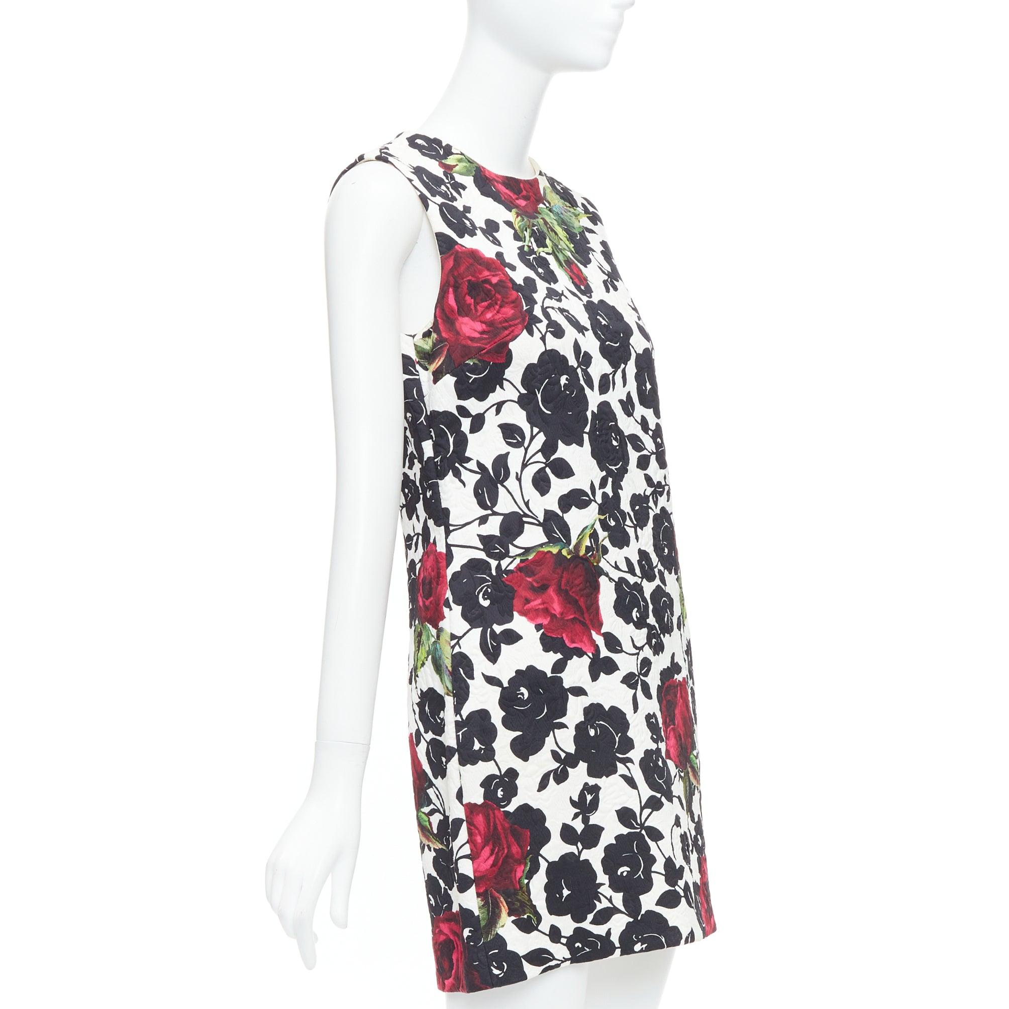 Black DOLCE GABBANA white red rose floral jacquard crew shift dress IT42 M