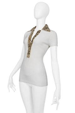 Dolce & Gabbana White Ribbed Knit Top W Python-Effect Leather Trim Collar 2005