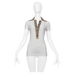 Dolce & Gabbana – Weißes, geripptes Strickoberteil mit Kragen mit Lederbesatz in Python-Optik, 2005