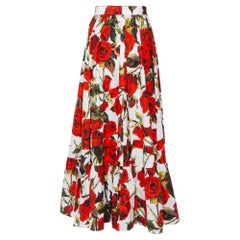Dolce & Gabbana White Rose Printed Cotton Maxi Skirt M