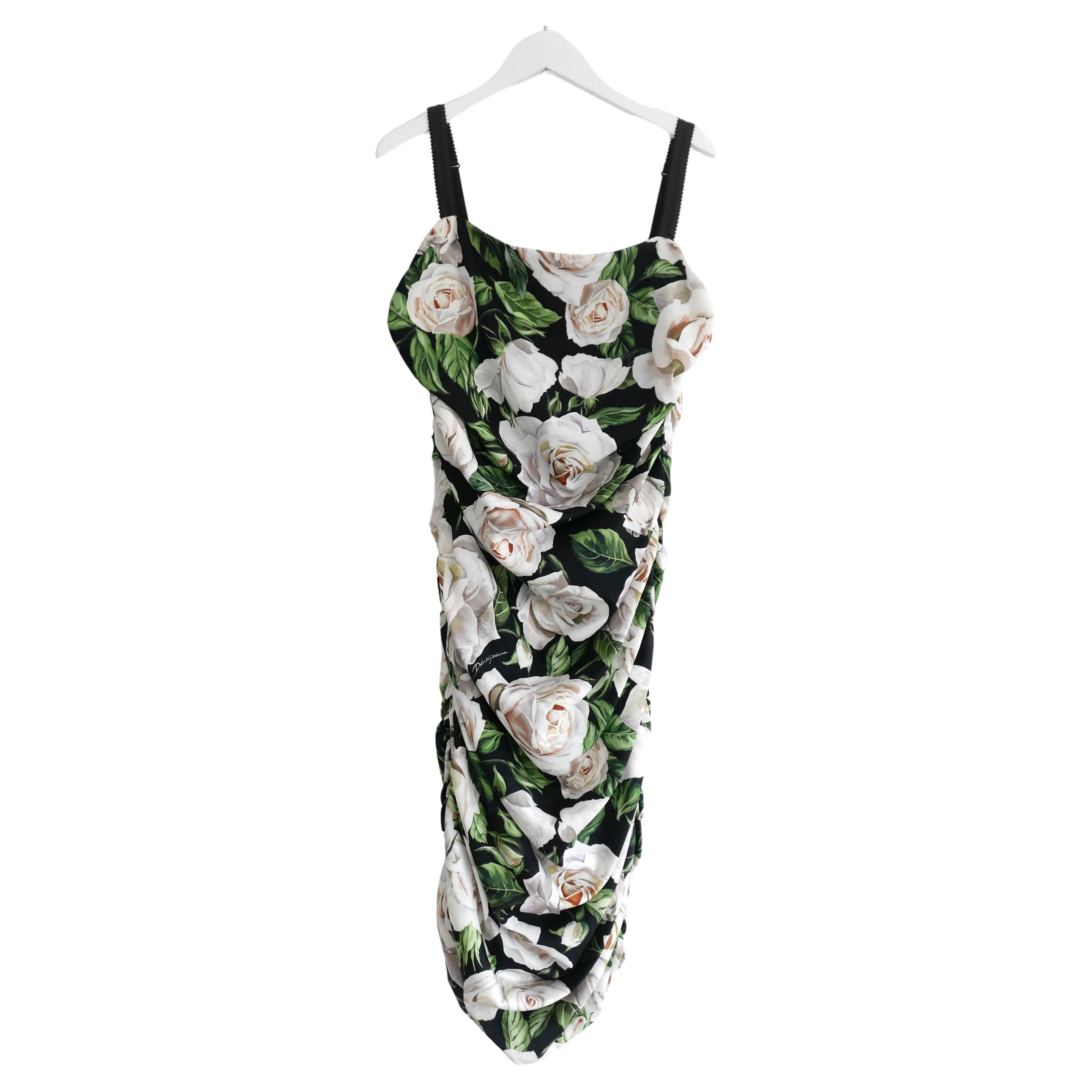  Dolce & Gabbana White Rose Silk Ruched Strap Dress  For Sale
