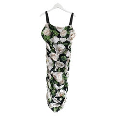  Dolce & Gabbana White Rose Silk Ruched Strap Dress 