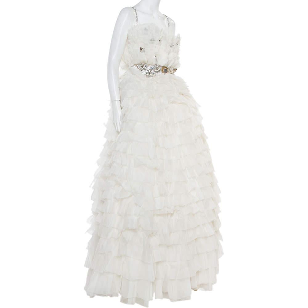 Robe de mariée Dolce & Gabbana blanche à volants en soie ornée de ceinture S Bon état - En vente à Dubai, Al Qouz 2