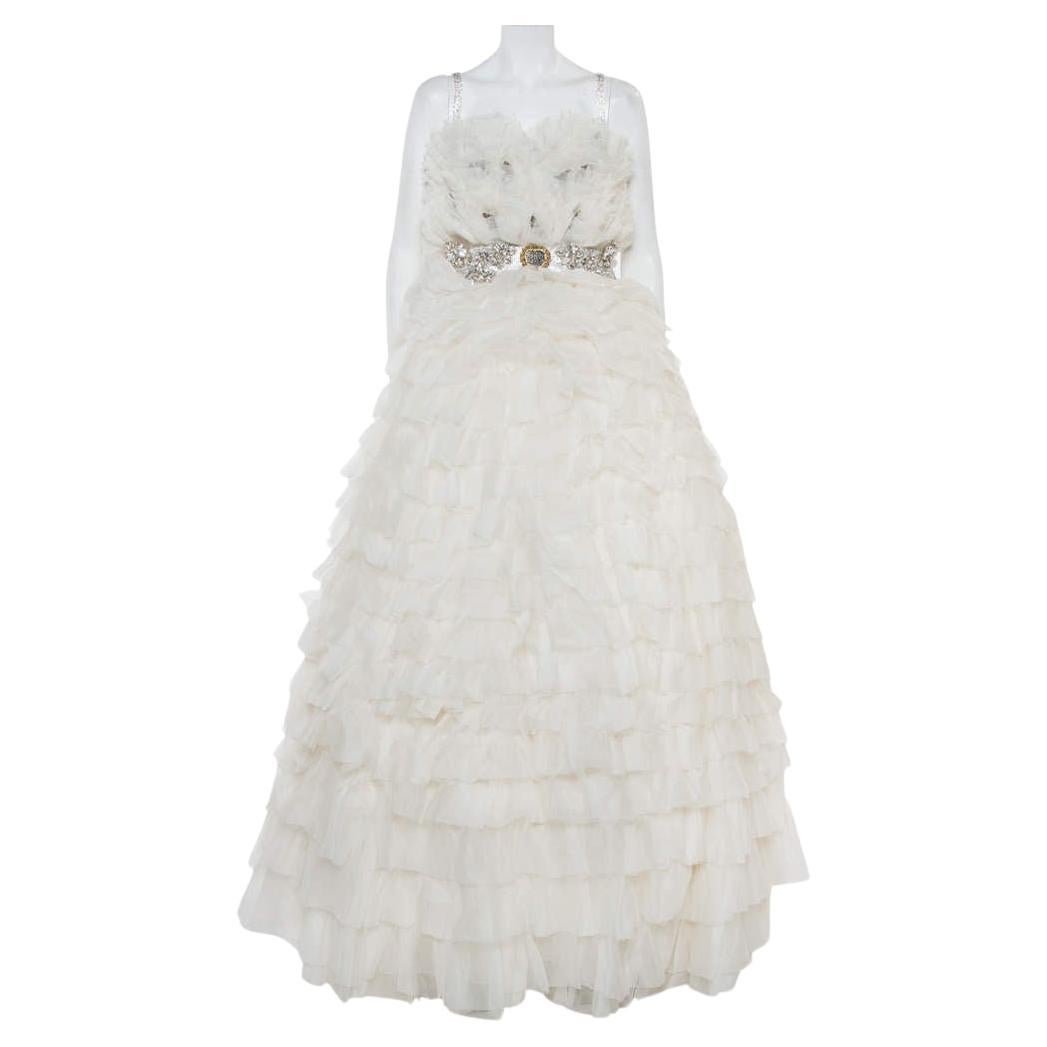 Dolce & Gabbana White Ruffled Silk Embellished Belt Detail Wedding Gown S For Sale