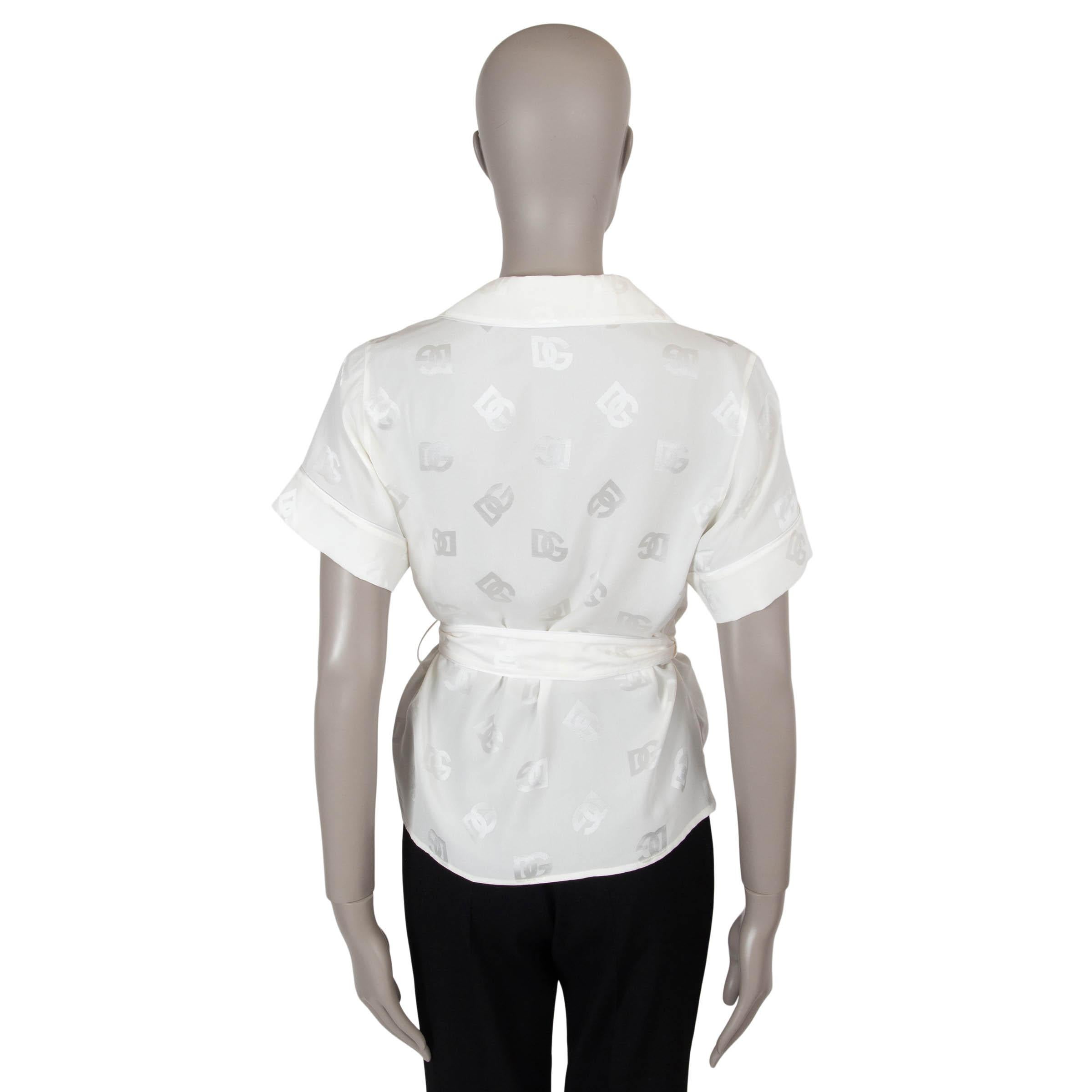 Gray DOLCE & GABBANA white silk 2024 SATIN LOGO JACQUARD Blouse Shirt S For Sale