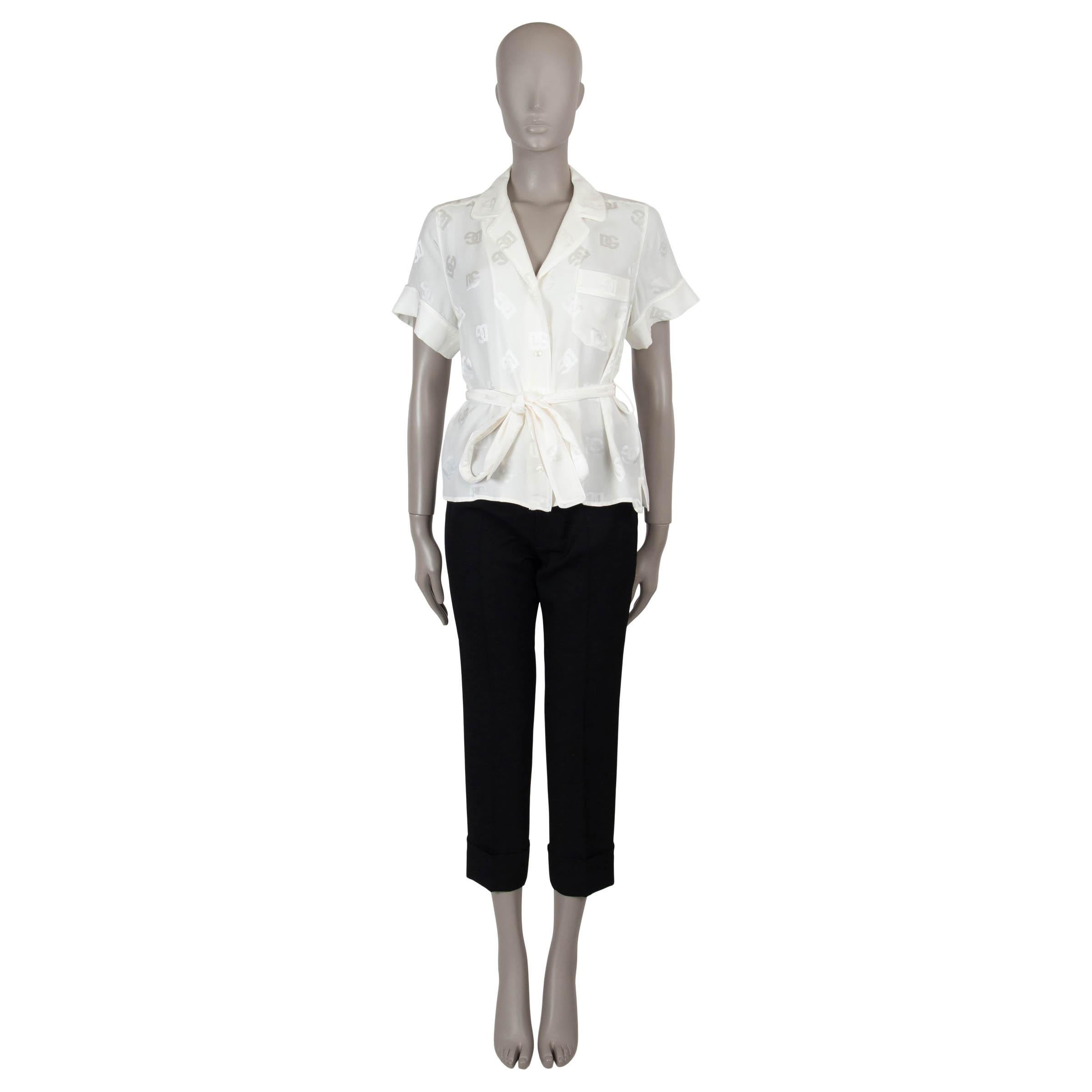 DOLCE & GABBANA white silk 2024 SATIN LOGO JACQUARD Blouse Shirt S In Excellent Condition For Sale In Zürich, CH