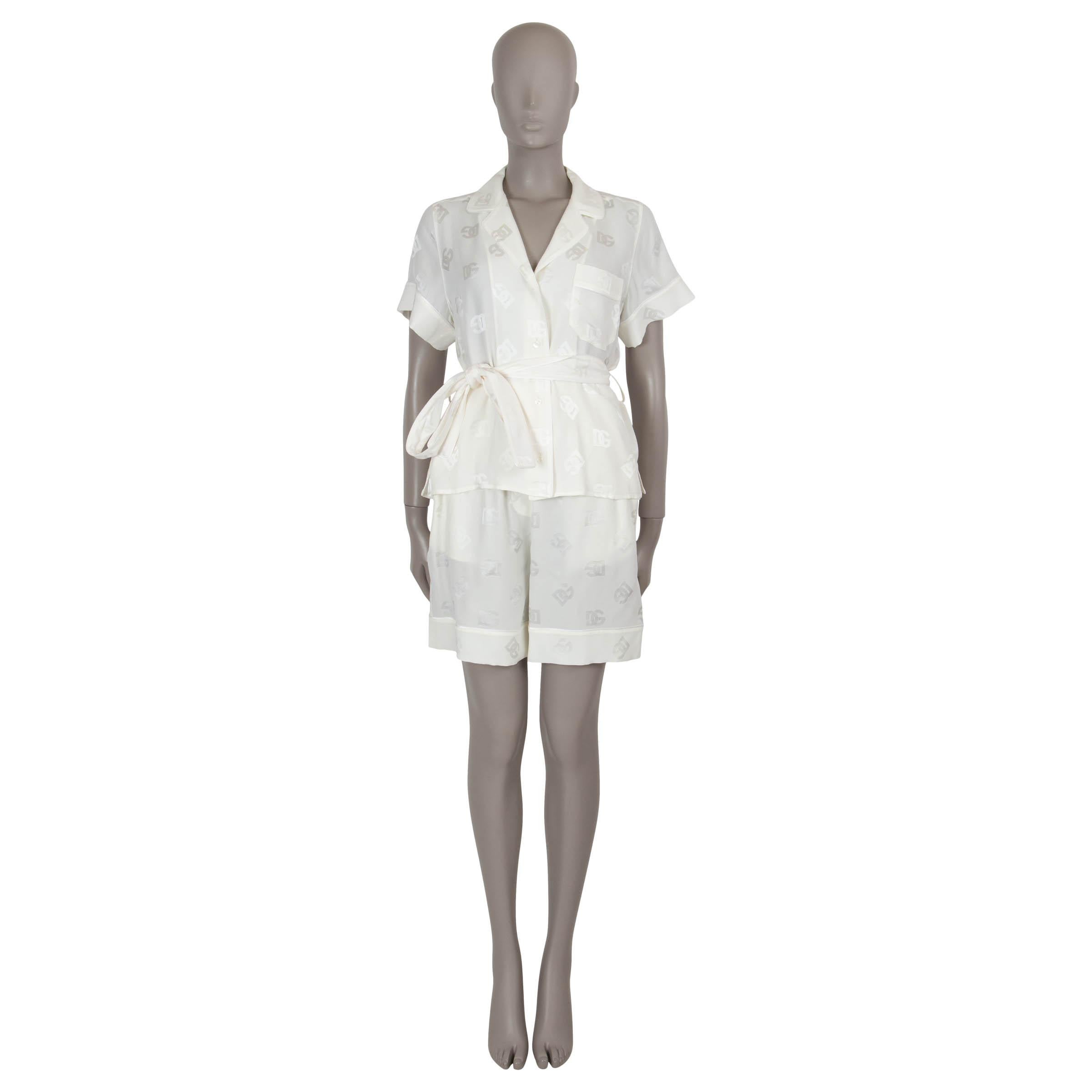 DOLCE & GABBANA white silk 2024 SATIN LOGO JACQUARD Blouse Shirt S For Sale 1