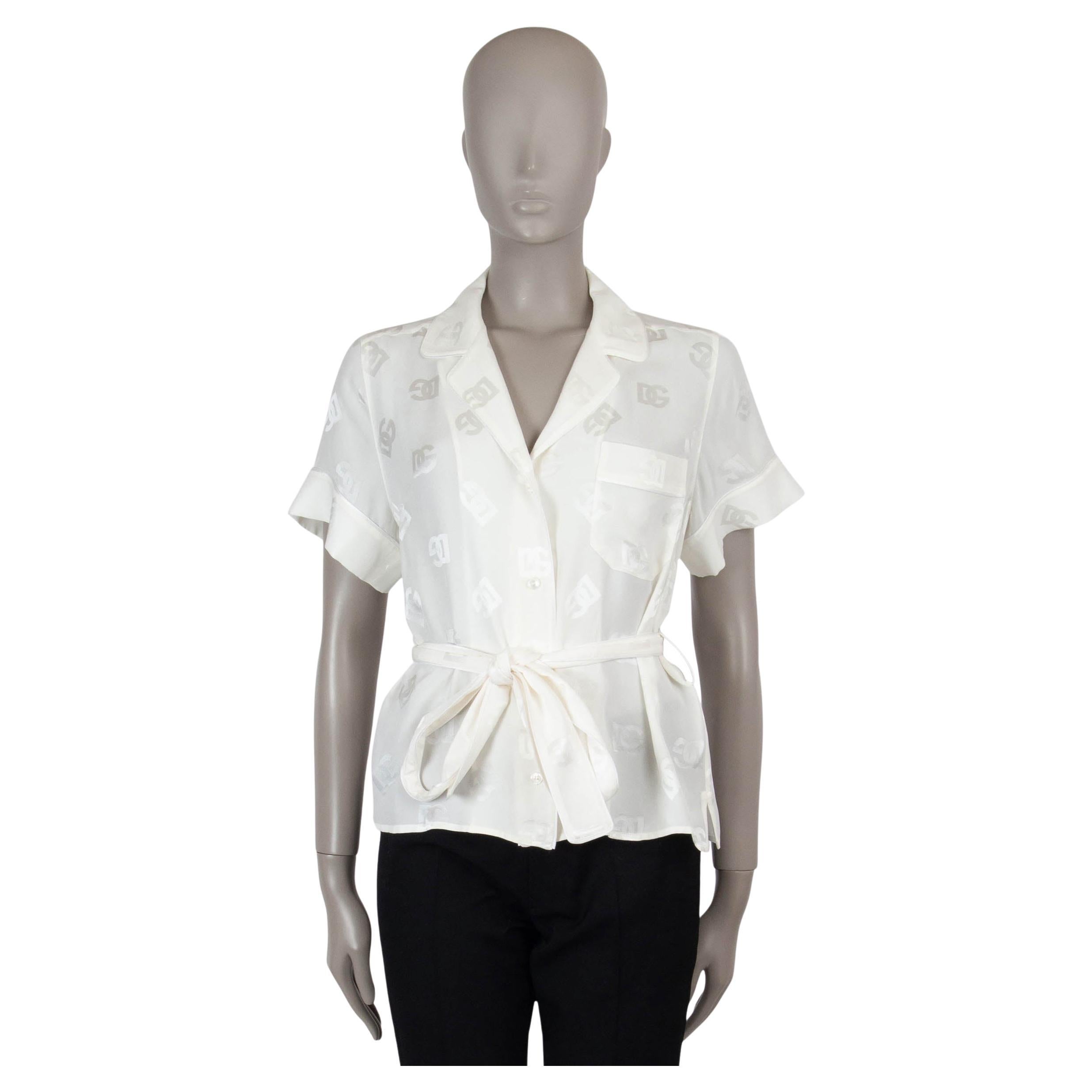 DOLCE & GABBANA white silk 2024 SATIN LOGO JACQUARD Blouse Shirt S For Sale