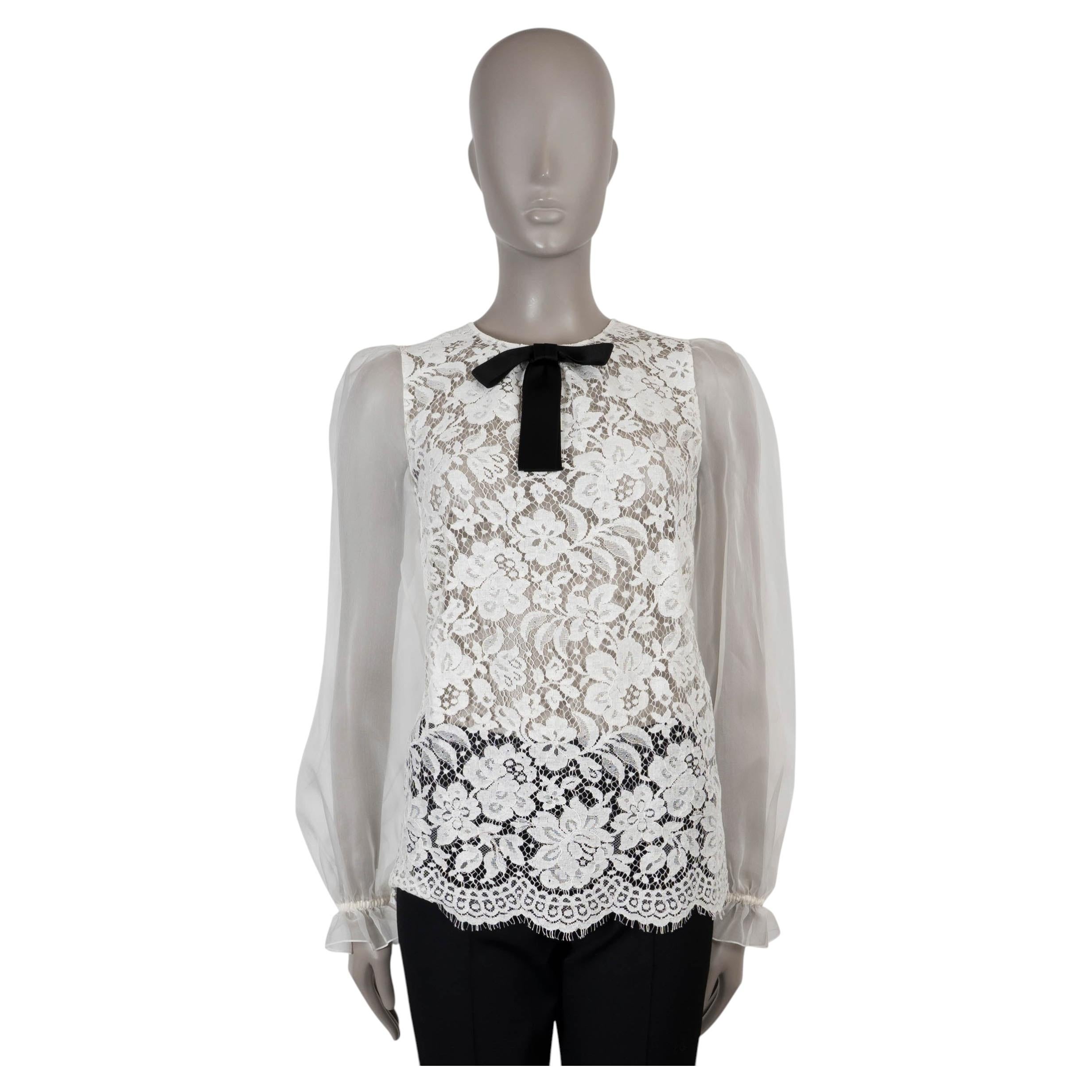 DOLCE & GABBANA white silk cotton BOW EMBELLISHED LACE Blouse Shirt 42 M