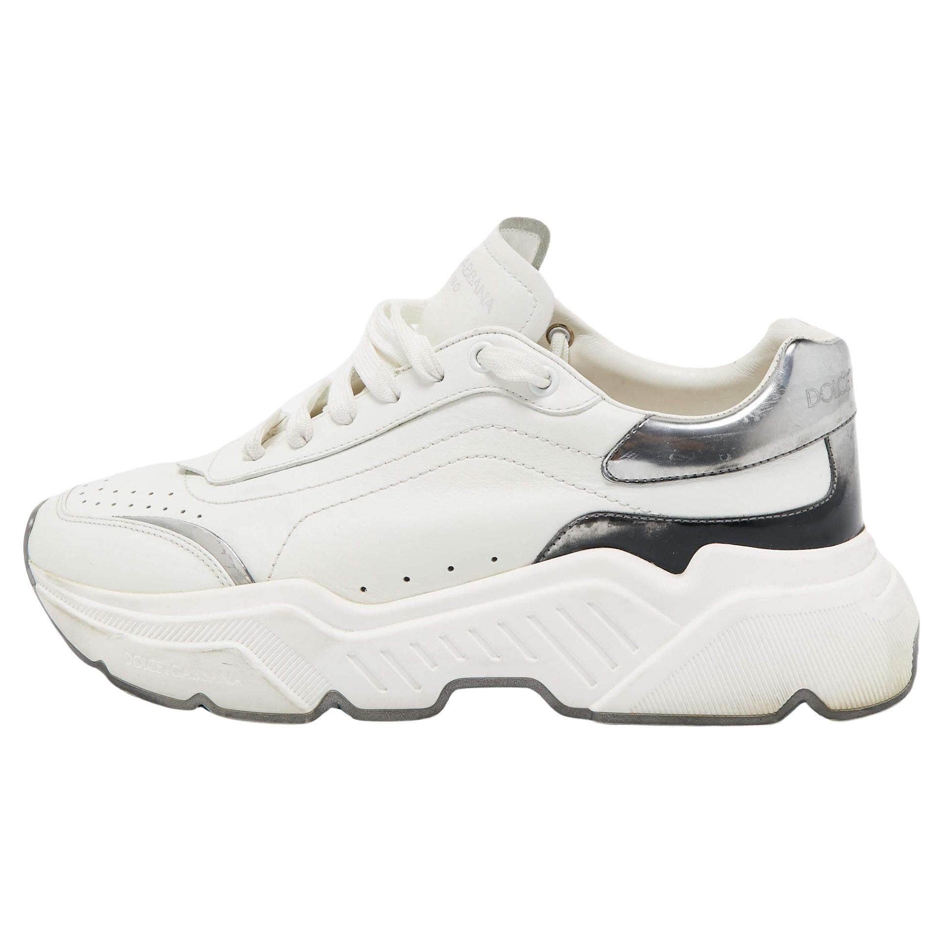 Dolce & Gabbana White/Silver Leather Daymaster Sneakers Size 41 For Sale
