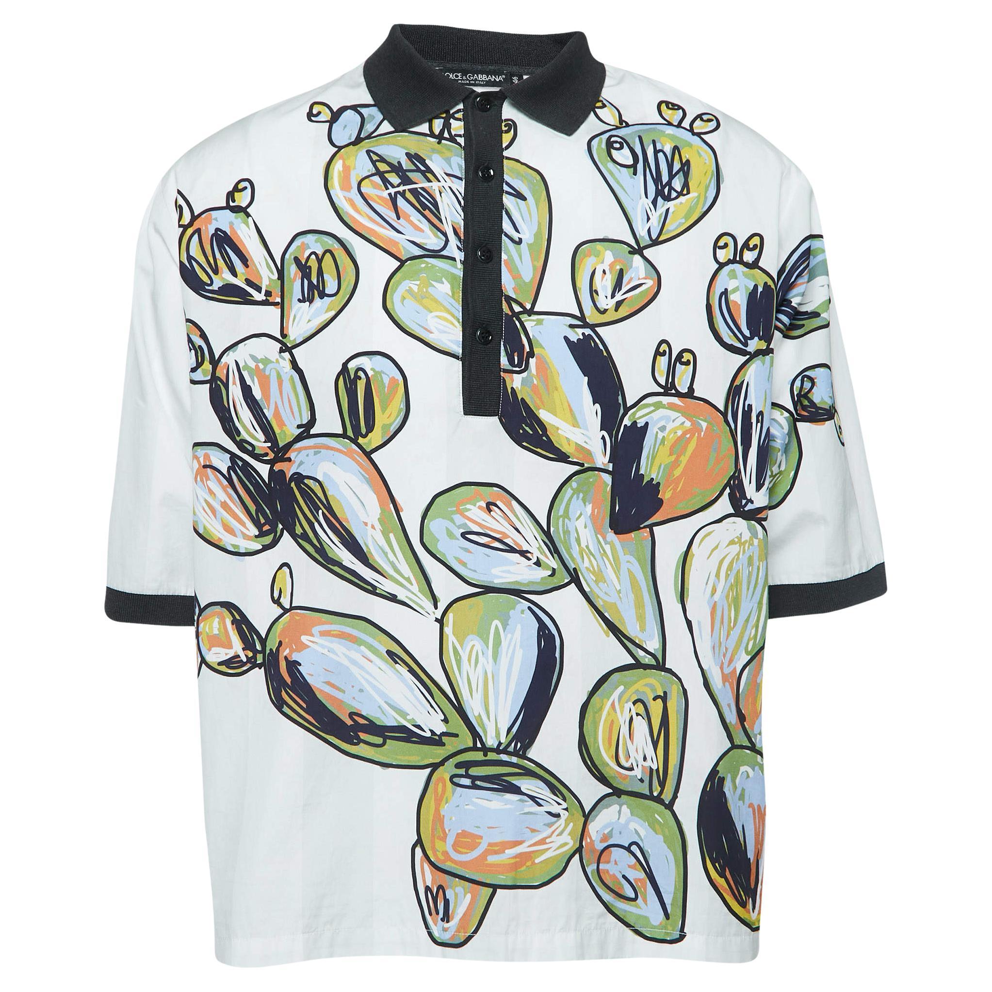 Dolce & Gabbana White Sketch Print Oversized Polo Shirt S For Sale