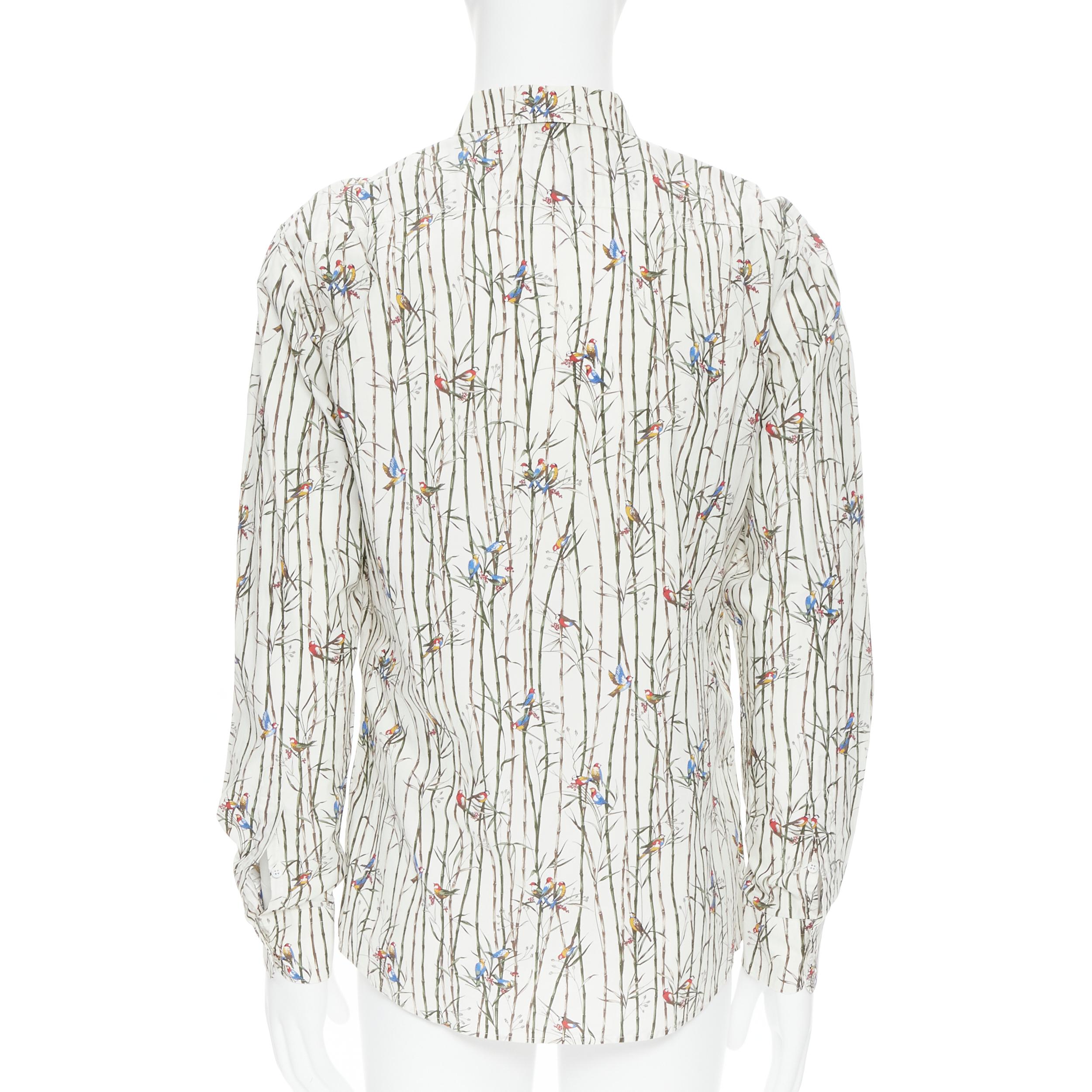 Men's DOLCE GABBANA white sparrow bird bamboo print cotton shirt EU40 L