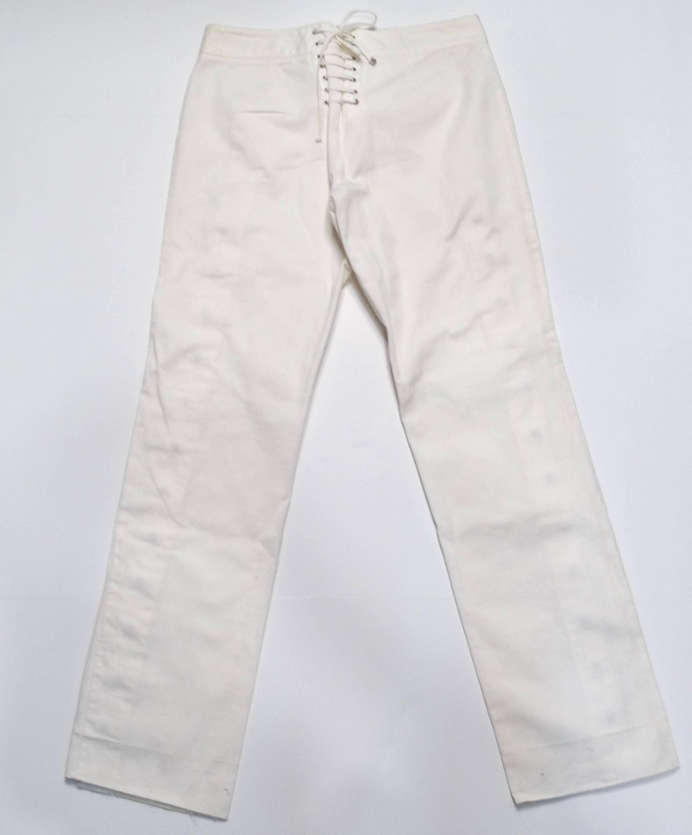 Dolce & Gabbana White Straight Leg Jeans With Button & Lace-Up Details For Sale 1