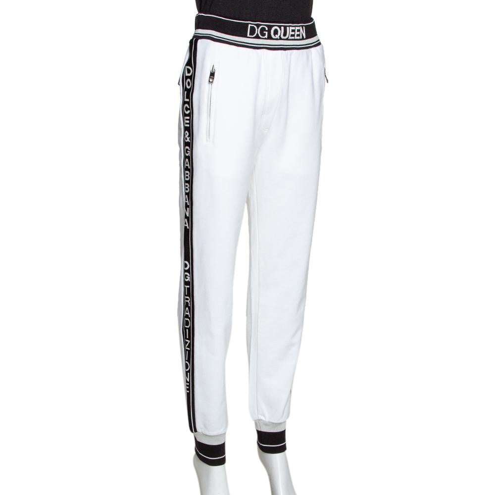 Gray Dolce & Gabbana White Stretch Jersey Logo Bands Track Pants IT 38