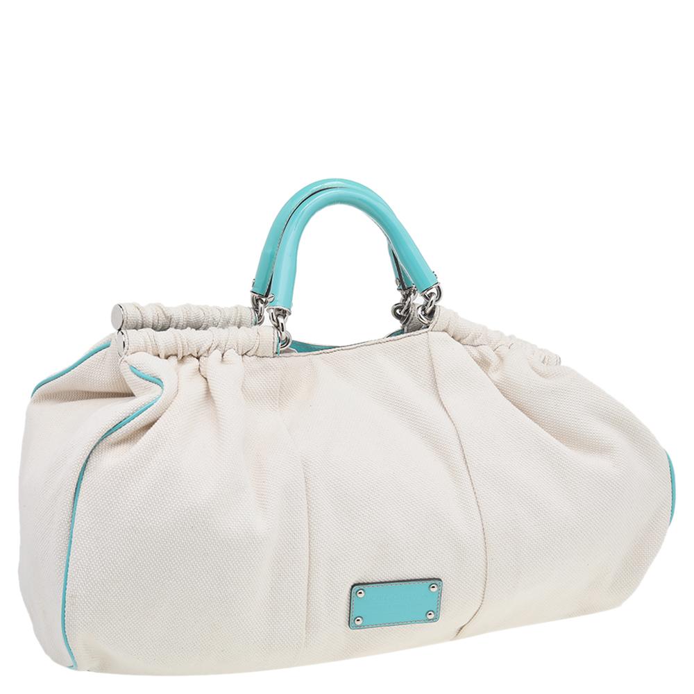 Gray Dolce & Gabbana White/Turquoise Canvas And Patent Leather Miss Lexington Satchel