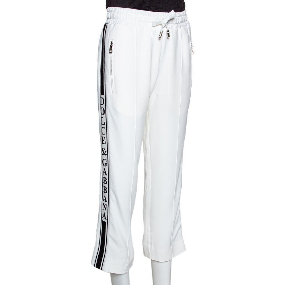 Gray Dolce & Gabbana White Viscose Stretch Waistband Cady Track Pants IT 36
