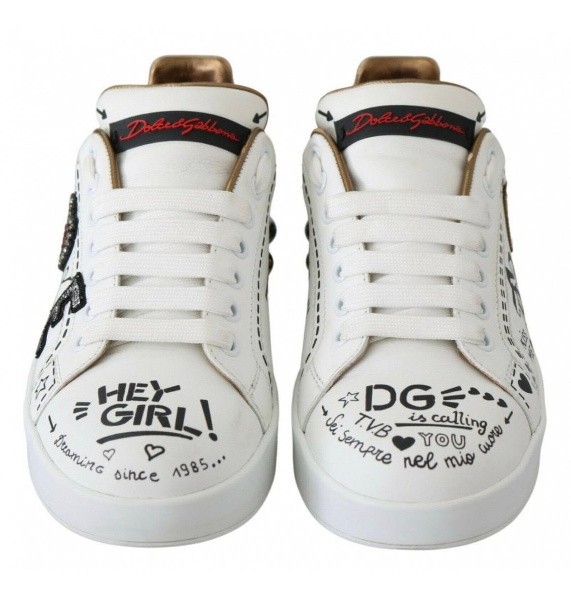Dolce & Gabbana Weiße Sneakers aus Leder mit mehrfarbigen Details 6