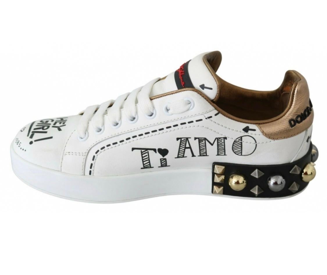 Dolce & Gabbana Weiße Sneakers aus Leder mit mehrfarbigen Details Damen