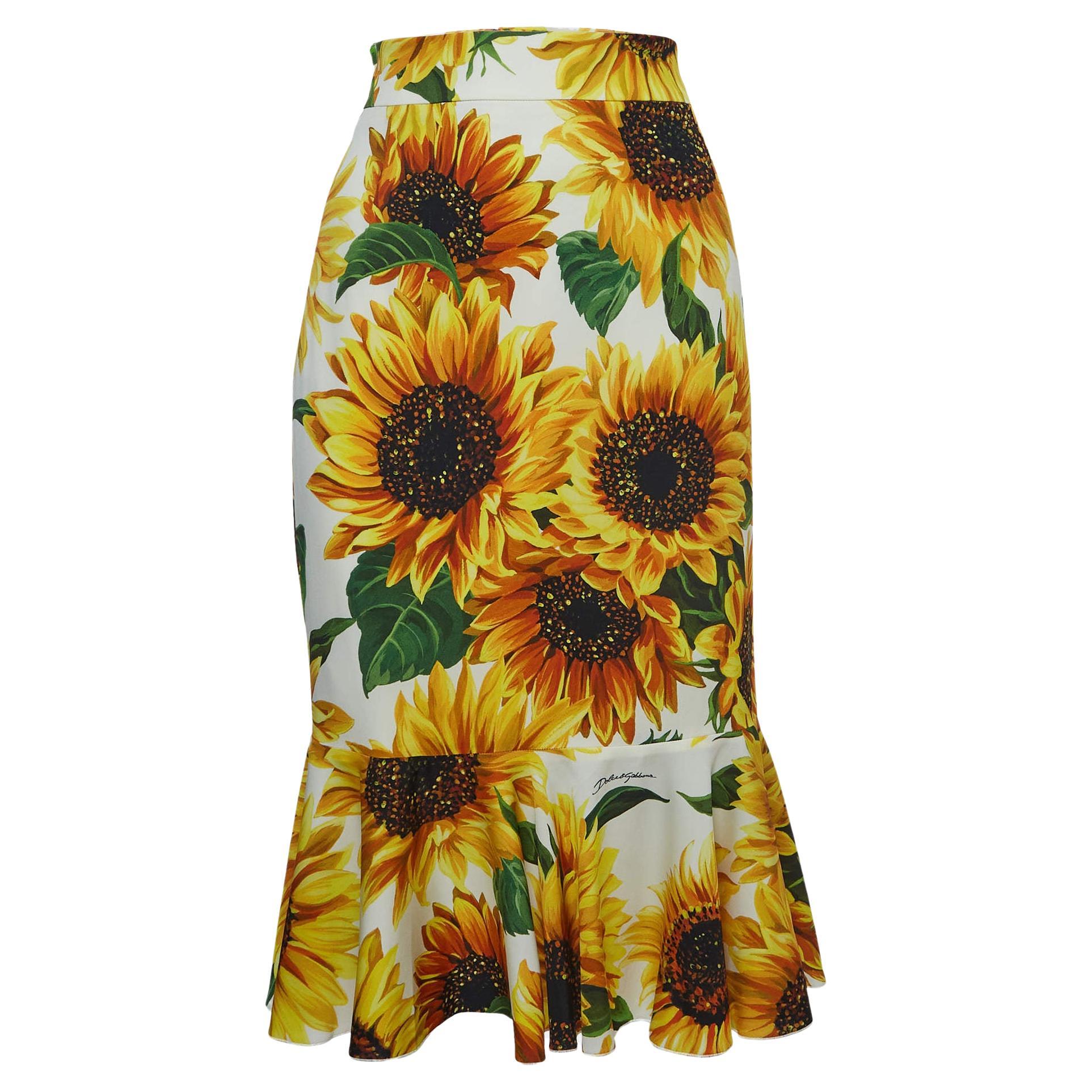 Dolce & Gabbana White/Yellow Sunflower Printed Silk Skirt 2XL